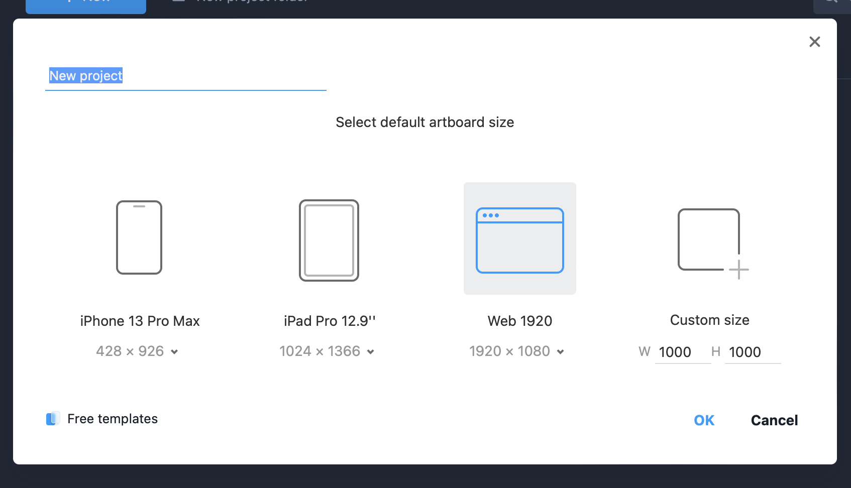 Selecting default artboard size in Mockplus RP